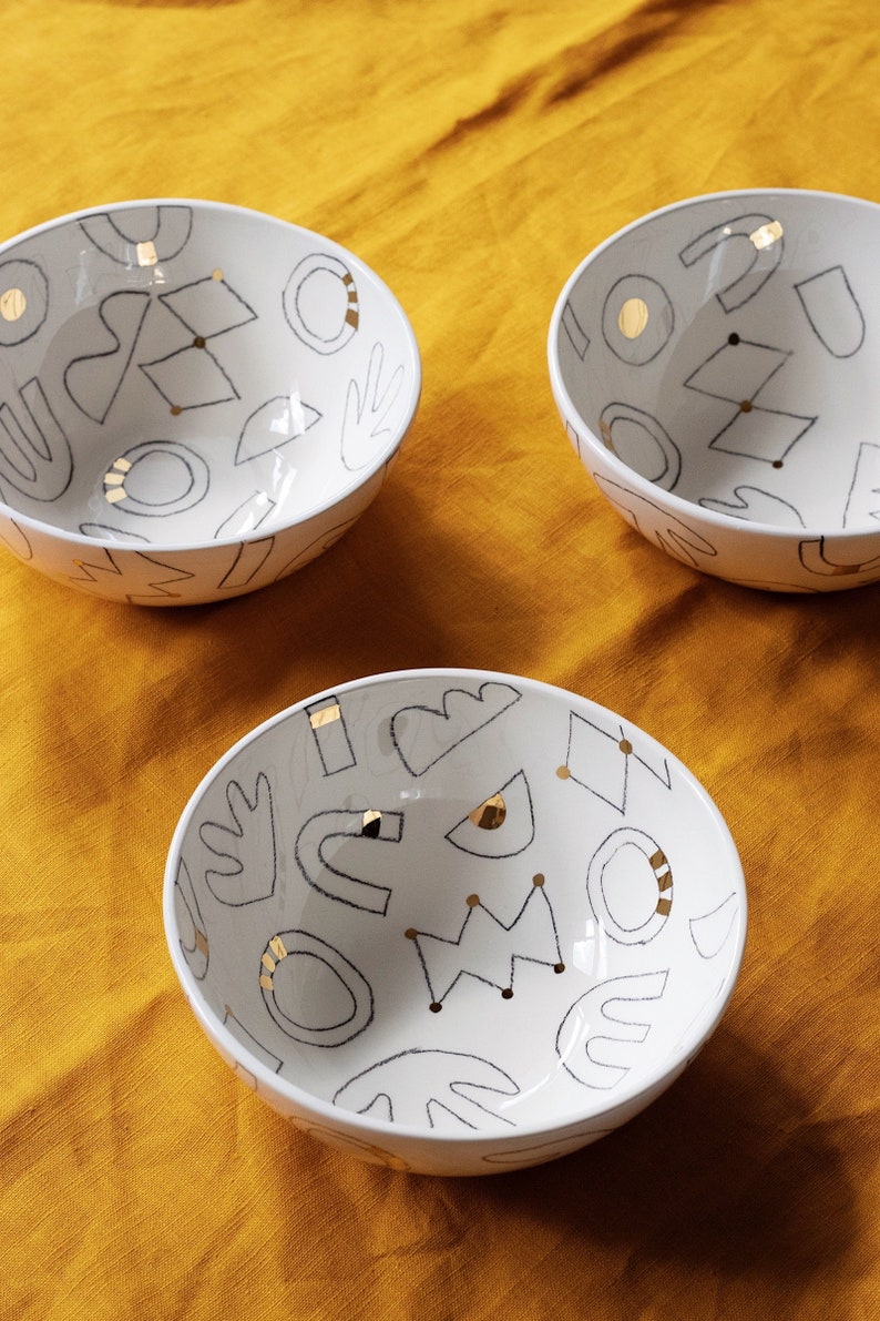 Hand drawn Ceramic Bowl, Golden Ceramic Bowl, Luxurious handmade gift image 1