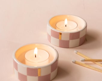 Handmade Pink checkered Tea Light Holder with Gold details (Set of Two)