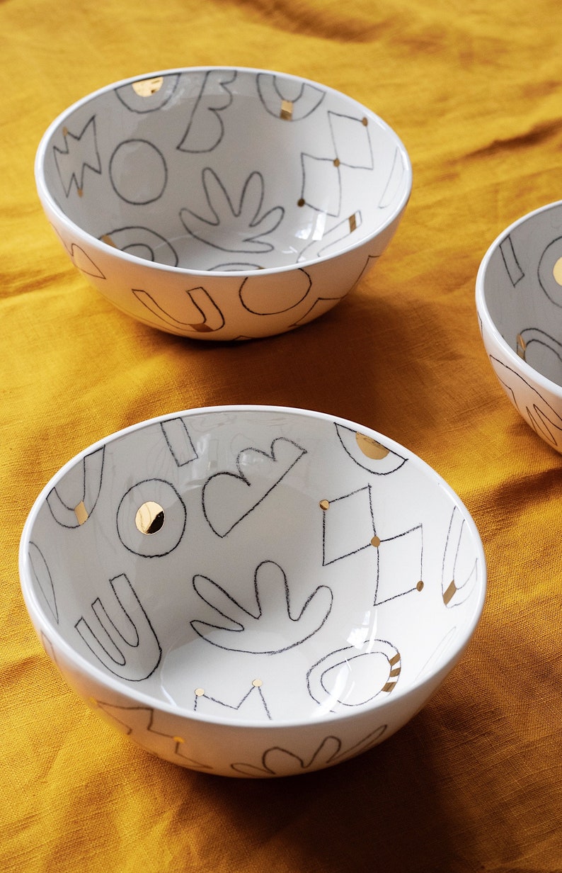 Hand drawn Ceramic Bowl, Golden Ceramic Bowl, Luxurious handmade gift image 4