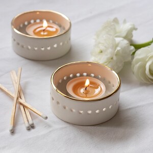 White and Gold Ceramic Tea light holder with Gold Rim, SET of TWO, Golden Ceramics, Luxurious Handmade Gift image 2