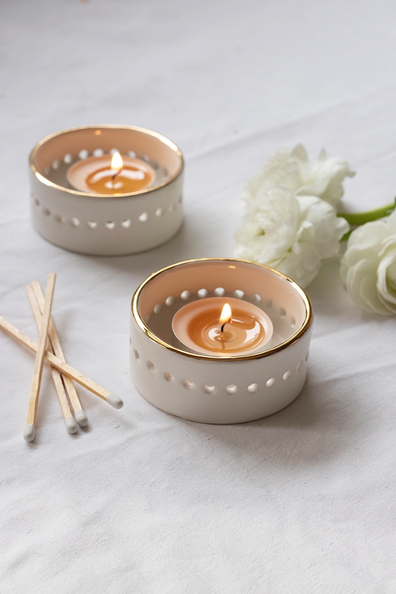 White and Gold Ceramic Tea light holder with Gold Rim, SET of TWO, Golden Ceramics, Luxurious Handmade Gift image 2