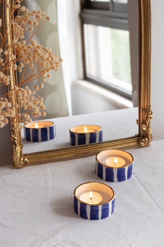 Handmade Cobalt Blue Striped Ceramic Tealight Holder, Gold Rim (Set of Two)