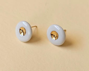 Handmade White Porcelain Earrings, Gold Studs, Modern Gift
