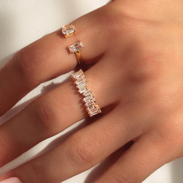 18k Crystal Baguette Ring gold verstellbar • wasserfest • vergoldeter Edelstahl • offener Ring • allover Kristalle • Zirkonia