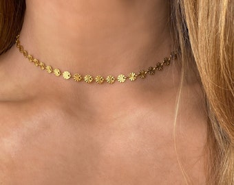 Sierlijke 18k vergulde gouden choker, gouden zon boho ketting, gouden zon choker, gouden zon ketting