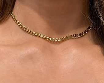 Choker ketting goud, 18k gouden ketting, kinketting, Cubaanse schakelketting choker, choker goud, schakelketting