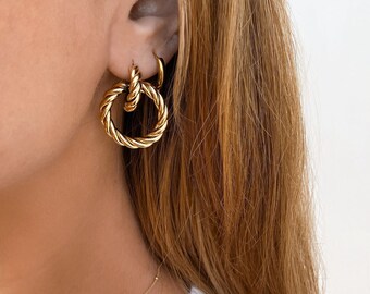 Double Twisted Circle Earring Set, 18k gold plated, waterproof, hoop, dangling, statement, elegant, present for her