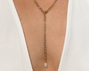 Lariat Necklace gold with pearl, lasso, y-necklace, figaro chain, pearl necklace gold, drop, hanging, delicate, minimalistic