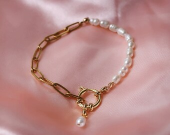 Freshwater Pearl Bracelet 18k gold chain half and half, waterproof, Charm, Wedding, Present for her