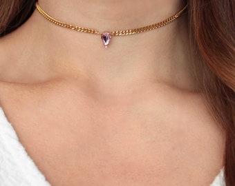 Kristall Choker Kette, Amethyst Halskette, goldener Choker, Edelstahl Kette
