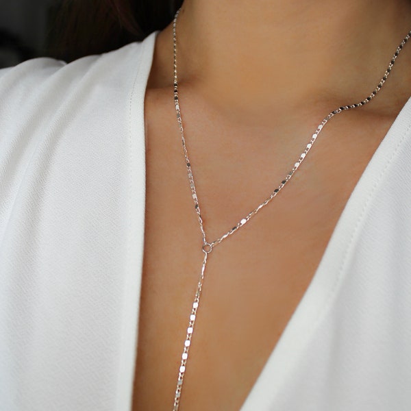 Collier lariat argent - argent 925, chaîne en y, lasso, minimaliste, fin, filigrane, goutte, suspendu