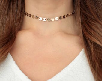 Gold & Silver Disc Tattoo Choker - Chain, Coins, Disc, Boho, Hippie, layering, short necklace