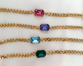 Art-Déco Necklace gold with crystal, 18k gold plated, emerald necklace baguette rectangular crystal, present for her