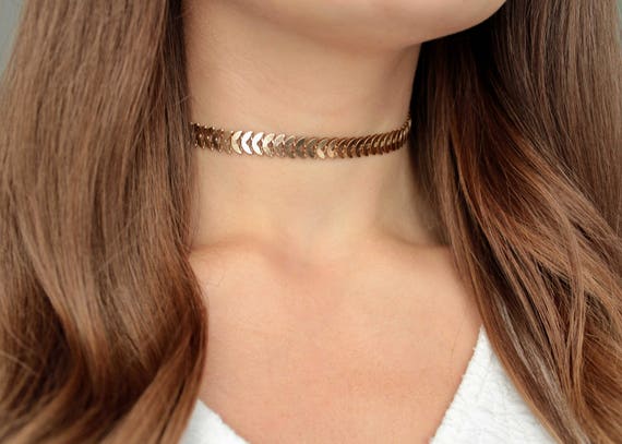 Tattoo Choker Gold Leaf Chain Necklace Chevron Fishbone Light