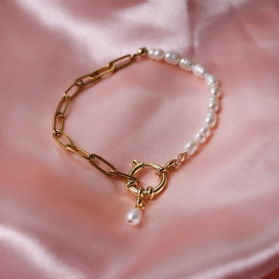 Süßwasserperlenarmband, 18k gold Kette halb und halb, wasserfest, Anhänger, Hochzeit Geschenk für Sie
