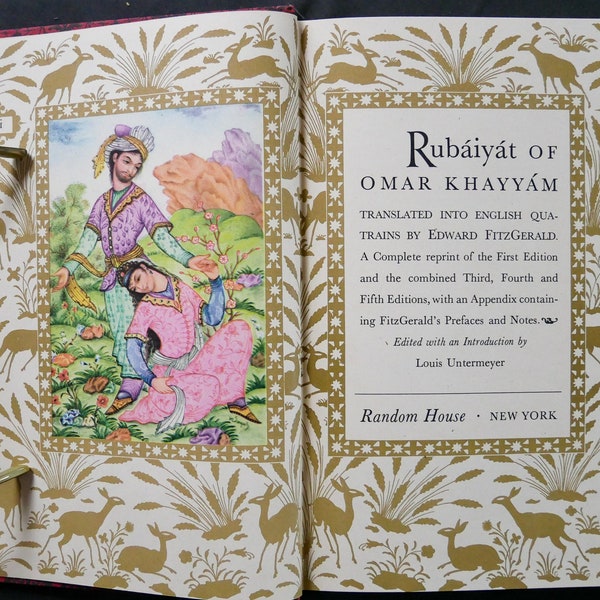 Rubaiyat (1947) of Omar Khayyam. Translated into English quatrains by Edward FitzGerald. Color illus by Mahmoud Sayah w decorated borders