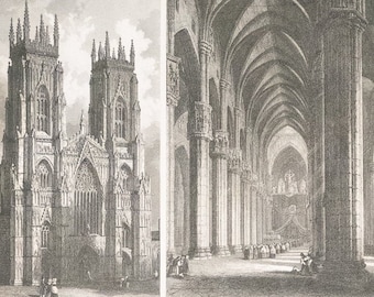 Two Prints (1852) from the Iconographic Encyclopaedia of Science, Literature & Art, Vol. VII Architecture- Cathedrals of Europe