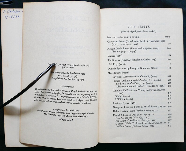 May include: A book titled "The Cantos" by Ezra Pound. The book cover is white with black text. The contents page lists the poems included in the book, with page numbers and dates of original publication.