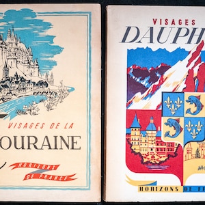 Visages de la Touraine (1948) en Visages du Dauphiné (1950) Twee vintage edities van Horizons de France met kaarten, gidsen, artikelen en prenten
