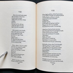 May include: A page from a book of poetry with the title "VIII" and two poems, one titled "Antet e bas entrels prims fusills" and the other titled "Now high and low, where leaves renew".