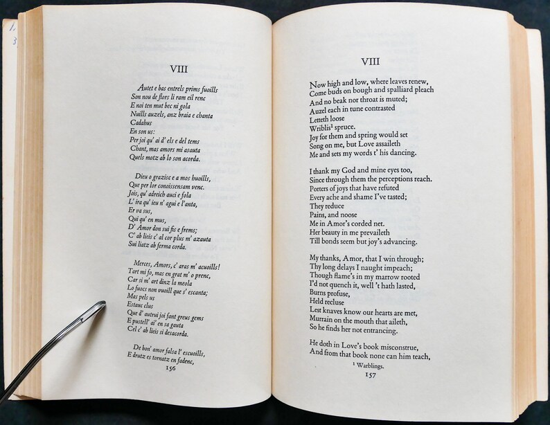 May include: A page from a book of poetry with the title "VIII" and two poems, one titled "Antet e bas entrels prims fusills" and the other titled "Now high and low, where leaves renew".