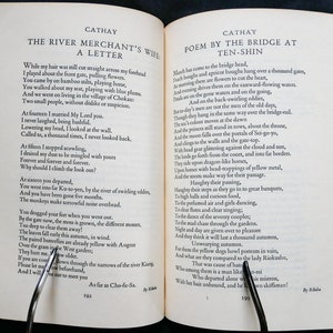 May include: A vintage book with two pages open, showing a poem titled "Poem by the Bridge at Ten-Shin" and a letter titled "The River Merchant's Wife: A Letter". The text is in black ink on white paper.