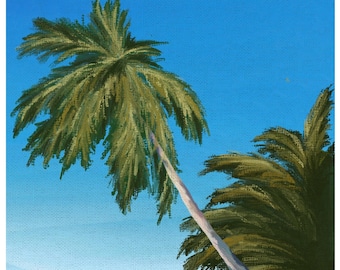 May include: An oil painting depicts a tropical beach scene. A palm tree with green fronds leans towards the turquoise water and sandy shore. The sky is a clear, bright blue. The artwork evokes a sense of tranquility and vacation.