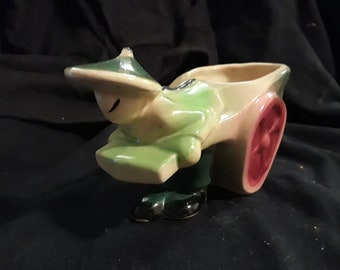 Vintage Shawnee Asian Man Pulling Cart Planter Succlents Agave Cactus 1950s