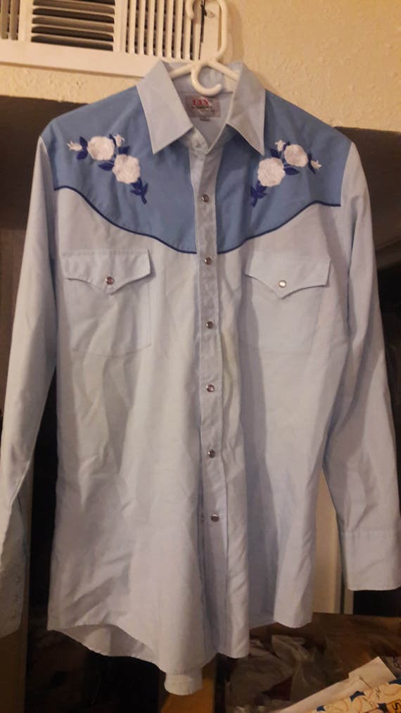 Vintage/Western/80s/Ely Diamond/pearl snap/blue fl