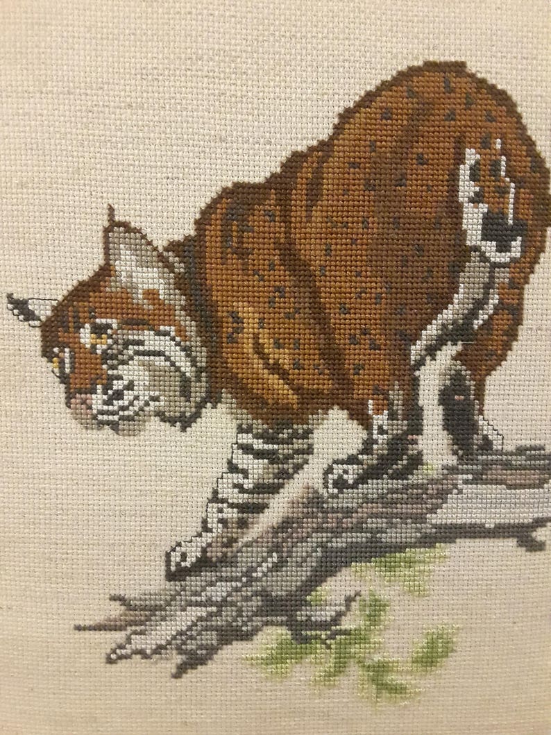 Vintage Bobcat Needle Point Rustic Hand Made Oak Frame 16×19 image 2