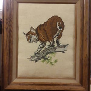 Vintage Bobcat Needle Point Rustic Hand Made Oak Frame 16×19 image 1