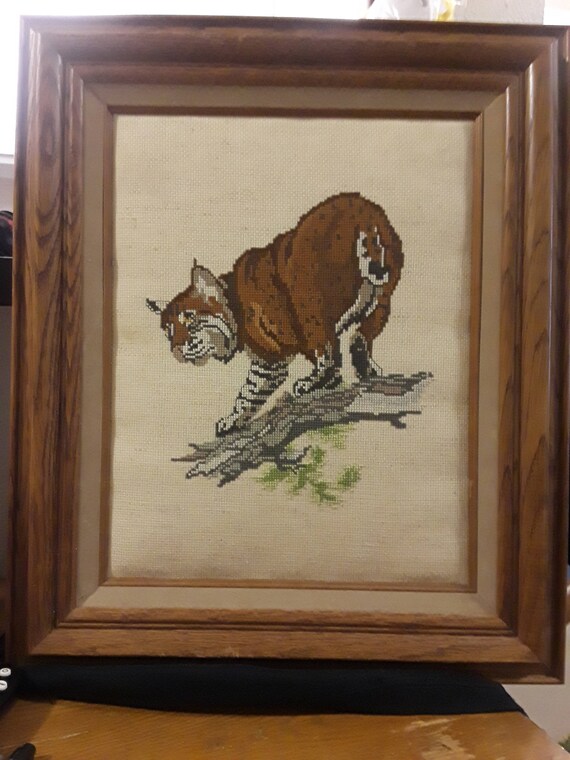 Vintage Bobcat Needle Point Rustic Hand Made Oak Frame 16×19