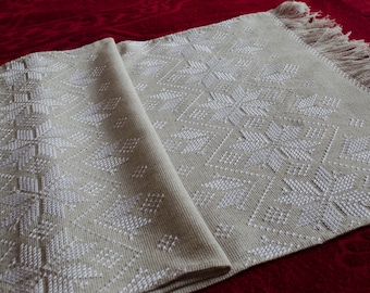 Wellspring - Star Alatyr - Ethno Ukrainian Traditional Pattern - Slavic Symbol - White on Linen Tablecloth