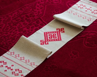 Linen traditional towel " Dazhdbog & Bereginya " - Cloth of linen with embroidery ( Slavic Pagan symbols )