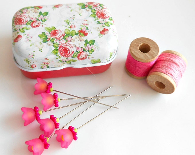 Flower Sewing Pins Pins in Tins Decorative Sewing Pins Quilting Pins Floral Tins With Pins Pink