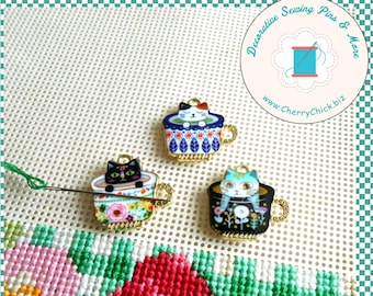 Cat Needle Minder - Kitten Needle Magnet - Needle Keeper - Teacup Magnet - Gift for Quilters - Embroidery - Cross Stitch - CherryChick