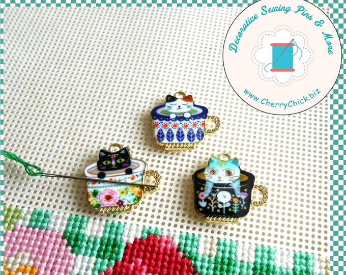 Featured listing image: Cat Needle Minder - Kitten Needle Magnet - Needle Keeper - Teacup Magnet - Gift for Quilters - Embroidery - Cross Stitch - CherryChick