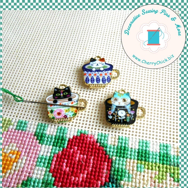 Cat Needle Minder - Kitten Needle Magnet - Needle Keeper - Teacup Magnet - Gift for Quilters - Embroidery - Cross Stitch - CherryChick