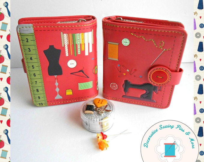 Featured listing image: Sewing theme wallet - Seamstress Wallet - Quilter Gift - Sewist Gift - Clutch Wallet - Gift for Quilters - Cherry Chick - Sewing Gift