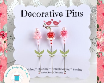 Valentine Flower Pin - Sewing Pin - Gift for Quilter - Decorative Sewing Pin - Sewing gift - Quilting Pin -  Heart Sewing Pin - Retreat gift