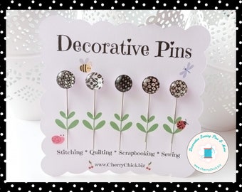 Black & White Floral Sewing Pins - Decorative Sewing Pins - Flower Sewing Pins - Handmade Pins - Floral Sewing Pins