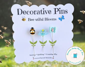Bee Butterfly Flower Sewing Pin - Decorative Sewing Pins - Butterfly Pin - Handmade Pin - Bee Sewing Pin - Spring Sewing Pins