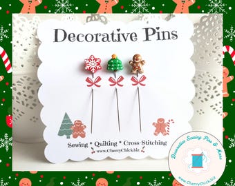 Christmas Sewing Pin - Holiday Sewing Pin - Handmade Pin - Gingerbread man Sewing Pin - Christmas Tree Pin - Snowflake Pin - Decorative Pins