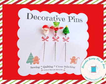 Handmade Christmas Sewing Pins: Christmas Tree, Santa Face, Flower - Set of 3