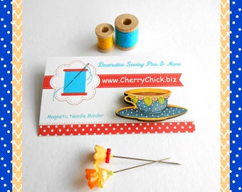 Teacup needle Minder - Needle Keeper - Needle Magnet - Cross Stitch - Gift for Quilters - Mary Englebreit Button - Cherry Chick