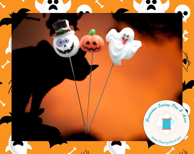 Featured listing image: Decorative Halloween Pins - Ghost Sewing Pin - Fall Sewing Pin - Pumpkin sewing pin - Autumn Pin - Counting Pin - Skeleton face sewing pin