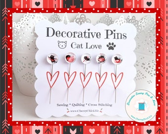 Valentine Cat Sewing Pin - Decorative Sewing Pins - Heart Cat Sewing Pin - Cat Sewing Pins - Gifts for Quilters - Cross Stitch Counting Pins