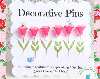 Floral Sewing Pins: Handmade Decorative Quilting Pins, Set of 5