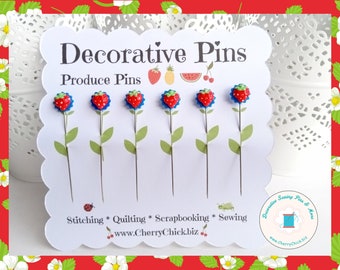 Strawberry Sewing Pins - Embellishment Pins - Gift for Quilters - Decorative Pins - Scrapbooking Pins - Quilting Pins -  Pincushion Pins