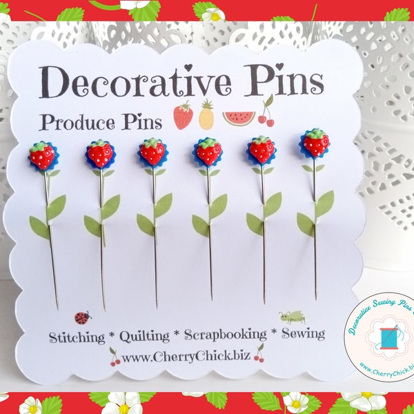 Strawberry Sewing Pins - Embellishment Pins - Gift for Quilters - Decorative Pins - Scrapbooking Pins - Quilting Pins -  Pincushion Pins